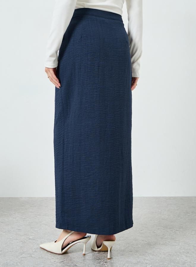 Styli Navy Blue A-Line Maxi Skirt with Slit - Image 3
